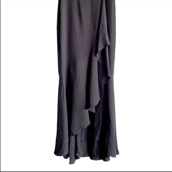 BCBGMAXAZRIA Cape Sleeve V-Neck Asymmetrical Ruffle Maxi Dress Gown Black 2 - Picture 4 of 6